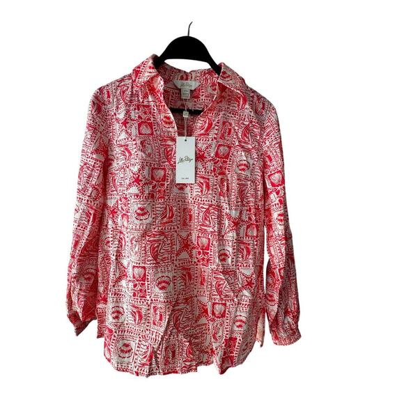 Lilly Pulitzer Jae Tunic Blouse Red White Seashell Print XXS NWT $138 - Picture 1 of 6